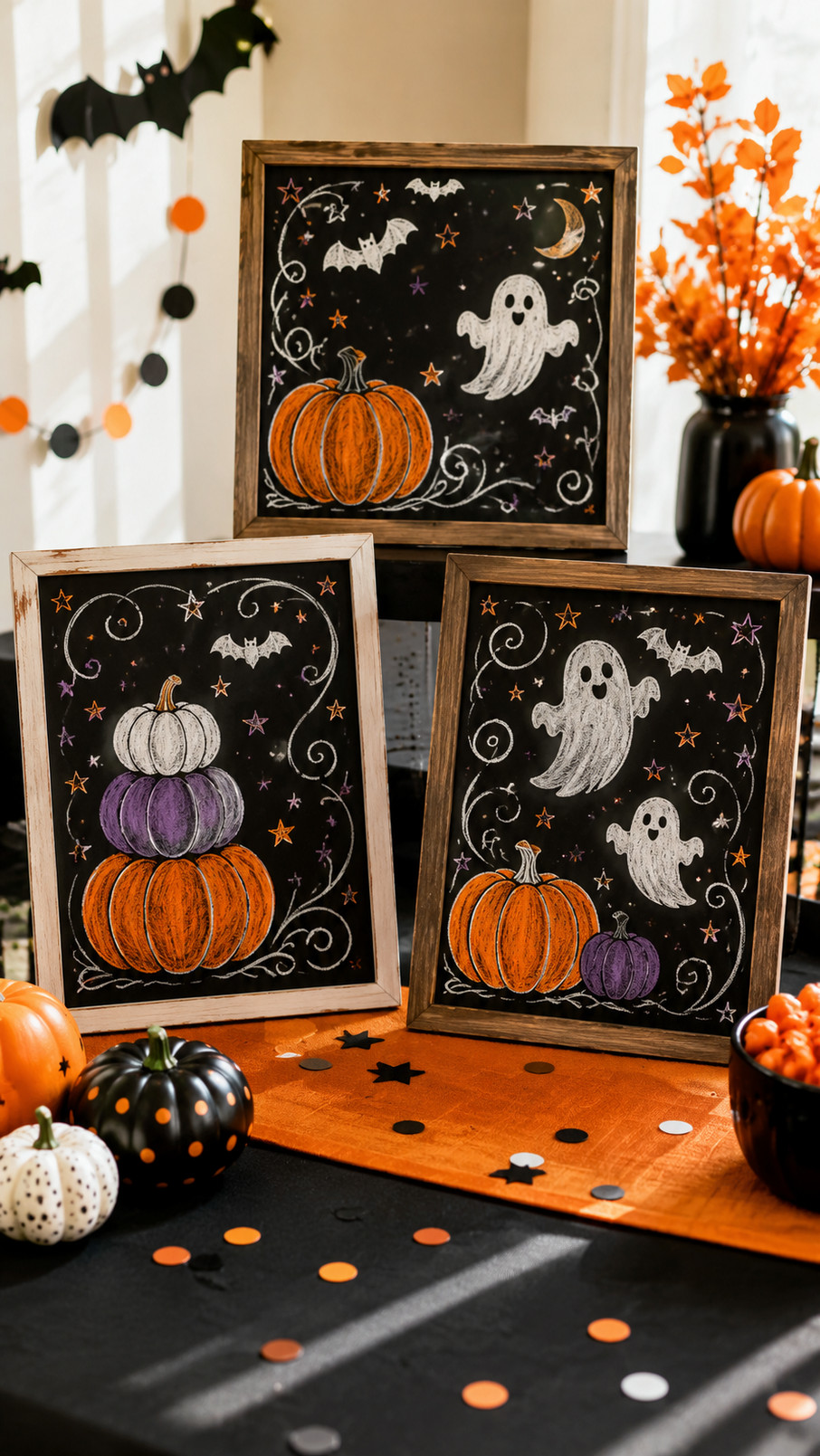 Halloween chalkboard art featuring a garland of colorful spooky eyeballs across a dark blackboard background.