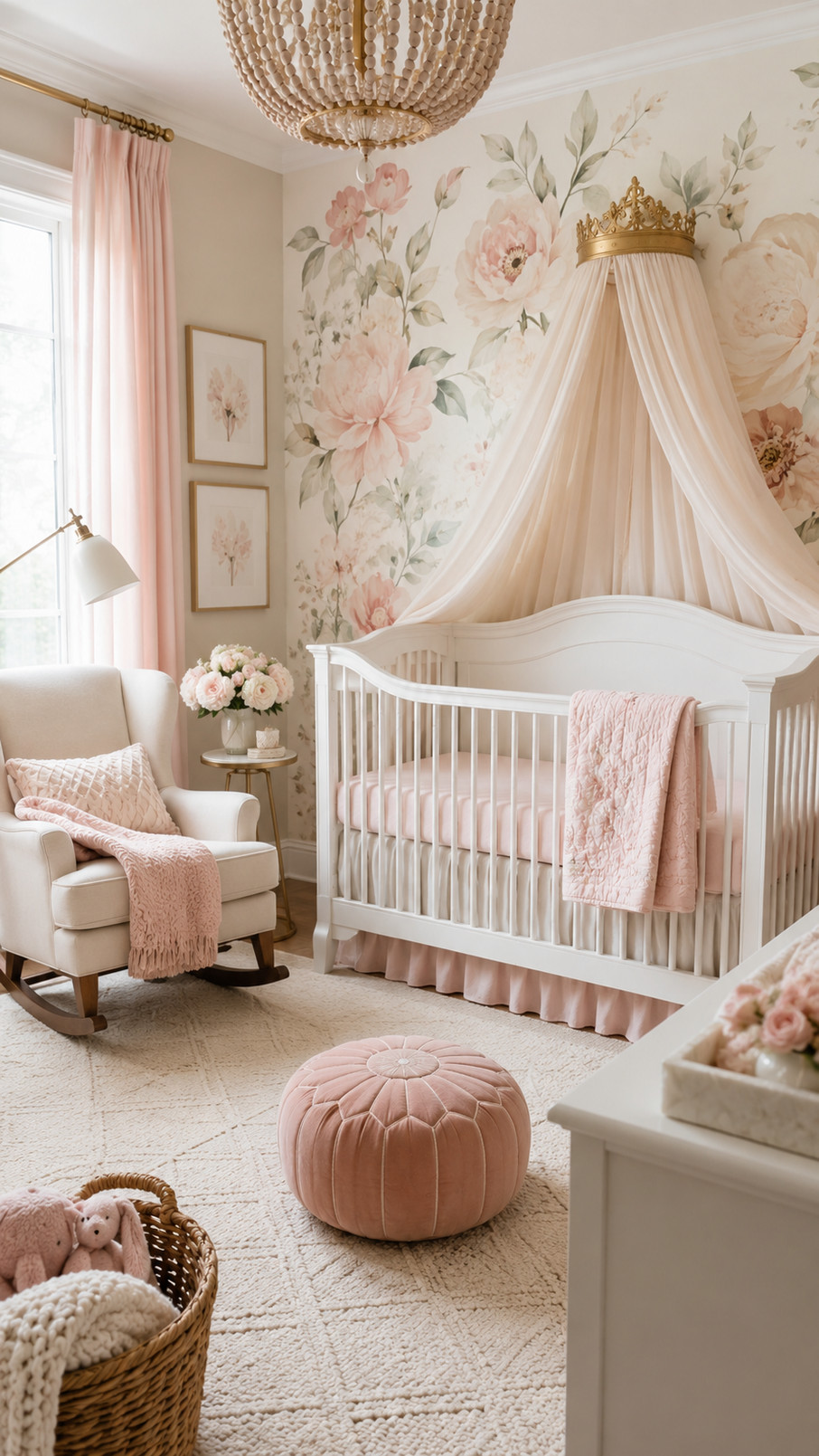 A softly glowing fairy light garland decorates a pastel girls' nursery with warm golden lights.