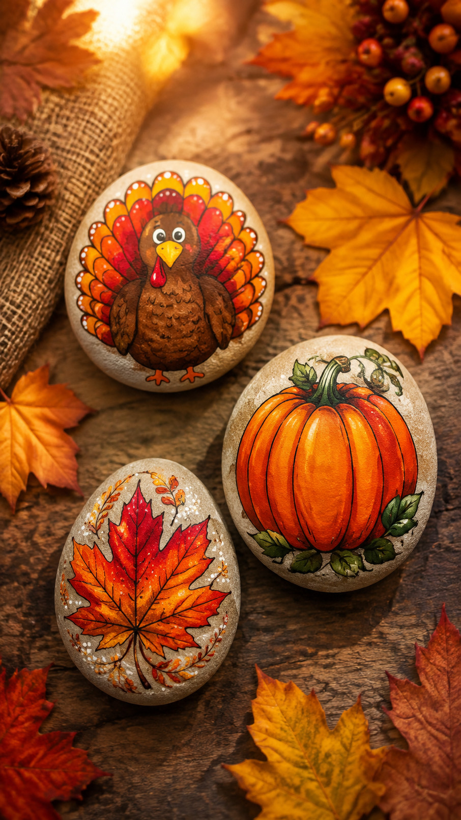 A Thanksgiving painted rock featuring a colorful cornucopia filled with pumpkins, berries, and autumn leaves in warm red, gold, and orange tones.
