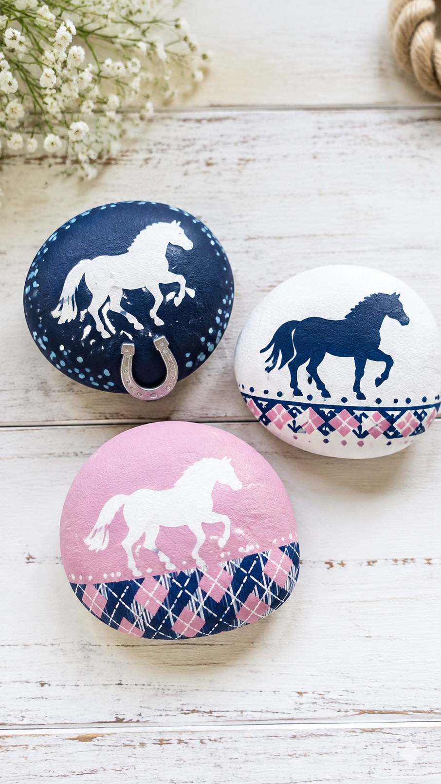 Painted horse rock featuring a creamy mare covered in pink, lavender, and white flowers, with green leaves and a yellow border.