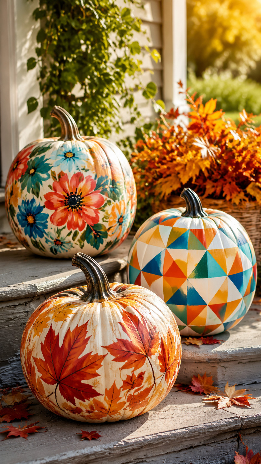 Painted pumpkins decorated with colorful floral blooms and leafy details in coral, lavender, and yellow.