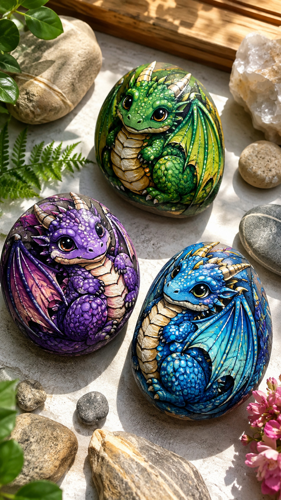 A garden-themed dragon painted rock shows a turquoise and violet dragon with golden flowers and curling green leaves on a natural stone.