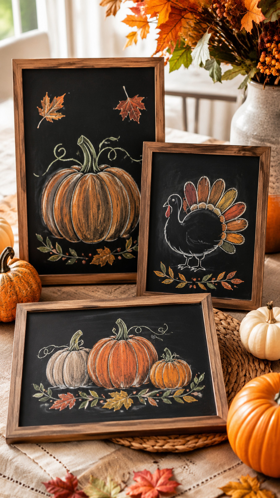 Thanksgiving chalkboard art featuring a hand-lettered harvest table, golden wheat, berry accents, and a sketched place setting on a dark chalkboard.