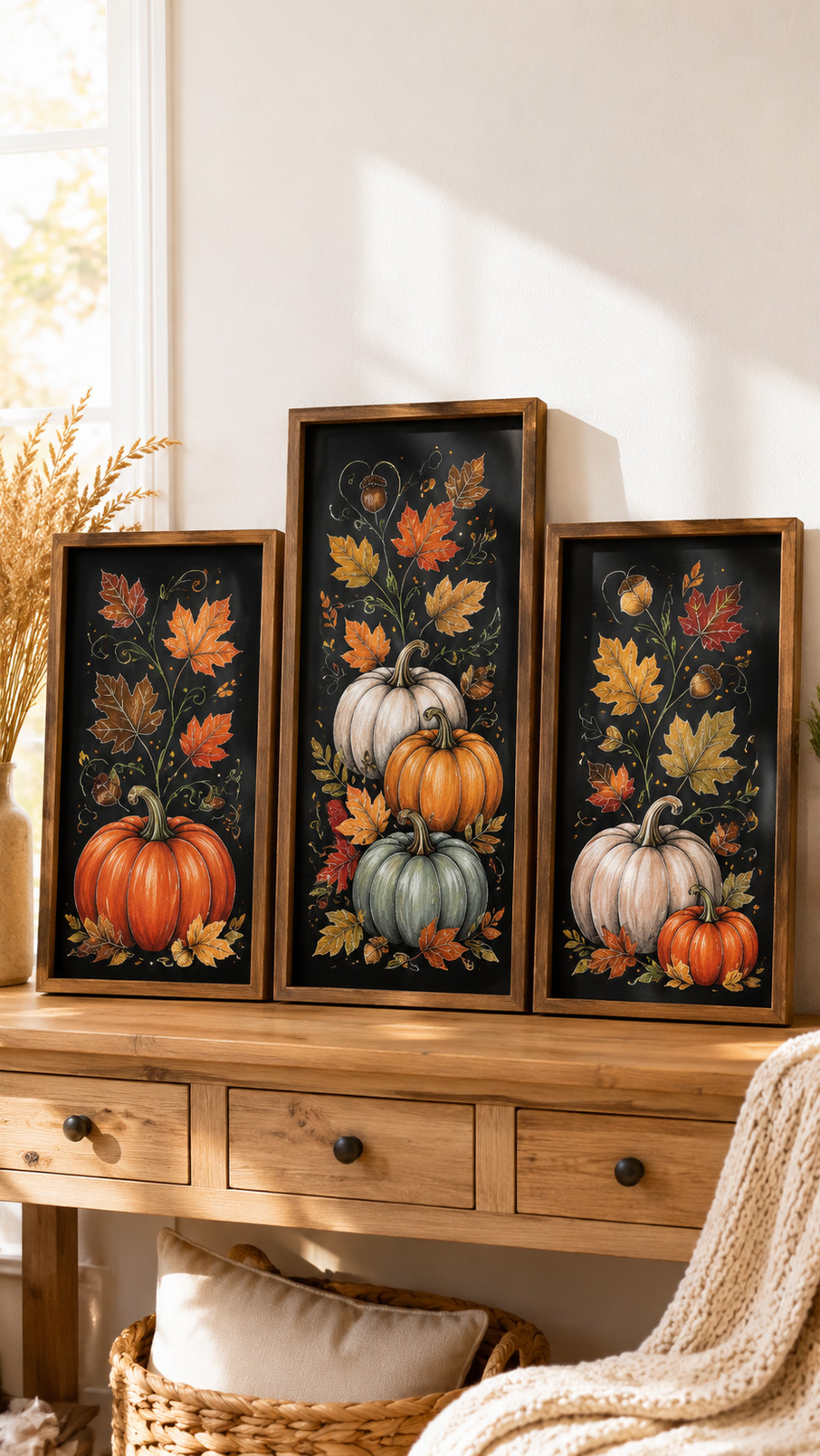 Chalkboard art featuring the phrase “Gather Here” in cream lettering with amber autumn leaves, wheat stalks, and acorns.