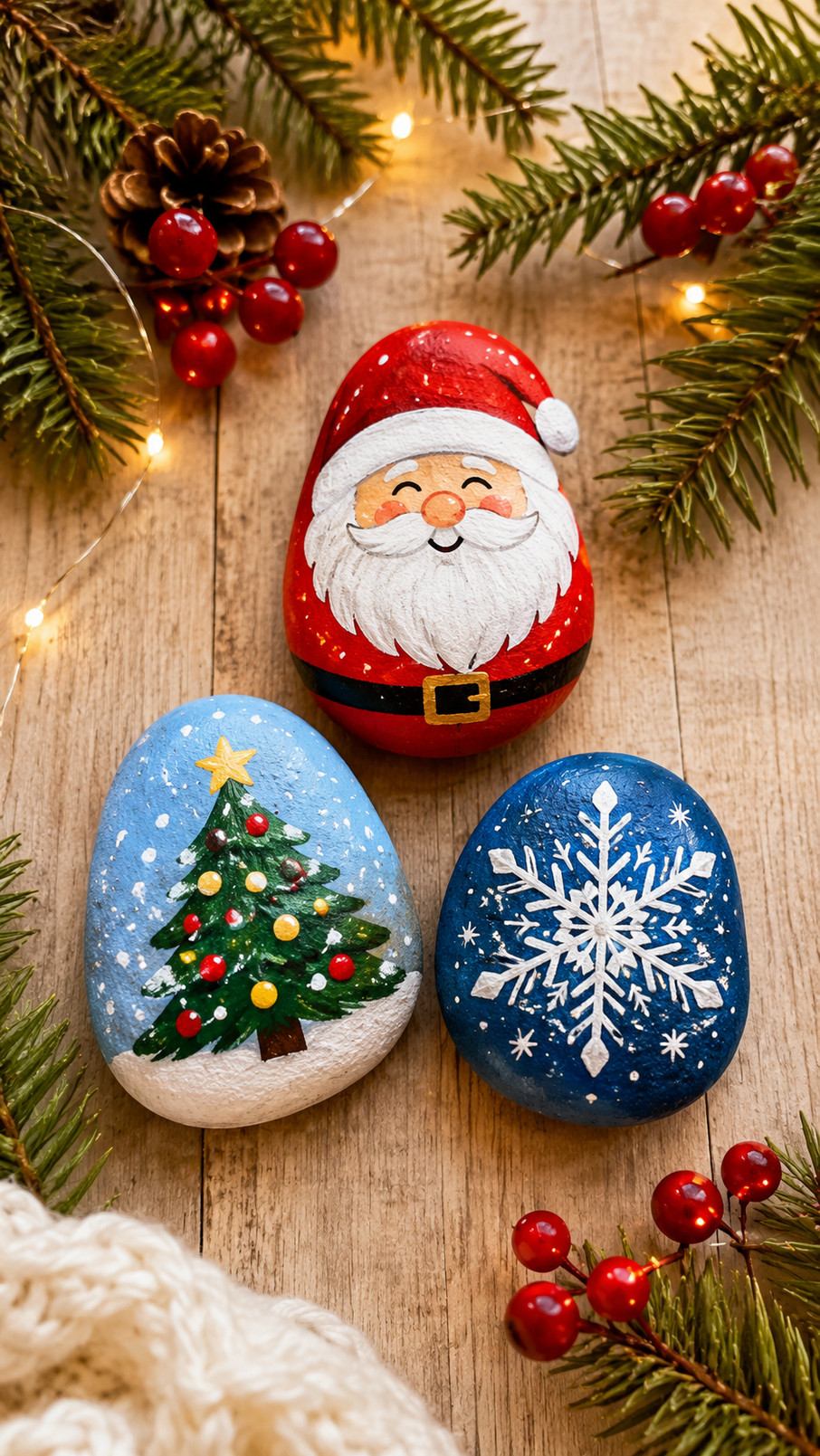 A painted Christmas rock featuring a gingerbread house with candy-cane trim, snowy icing, and festive red and white details.