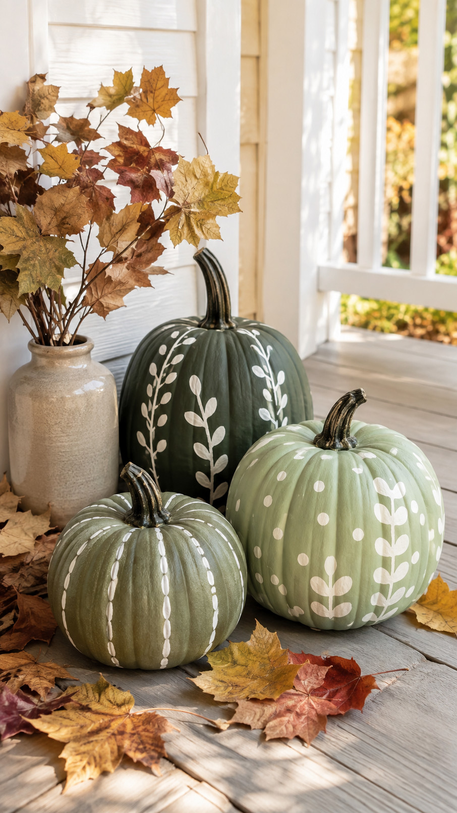 A green painted pumpkin decorated with gold leaf accents on a fall mantel.