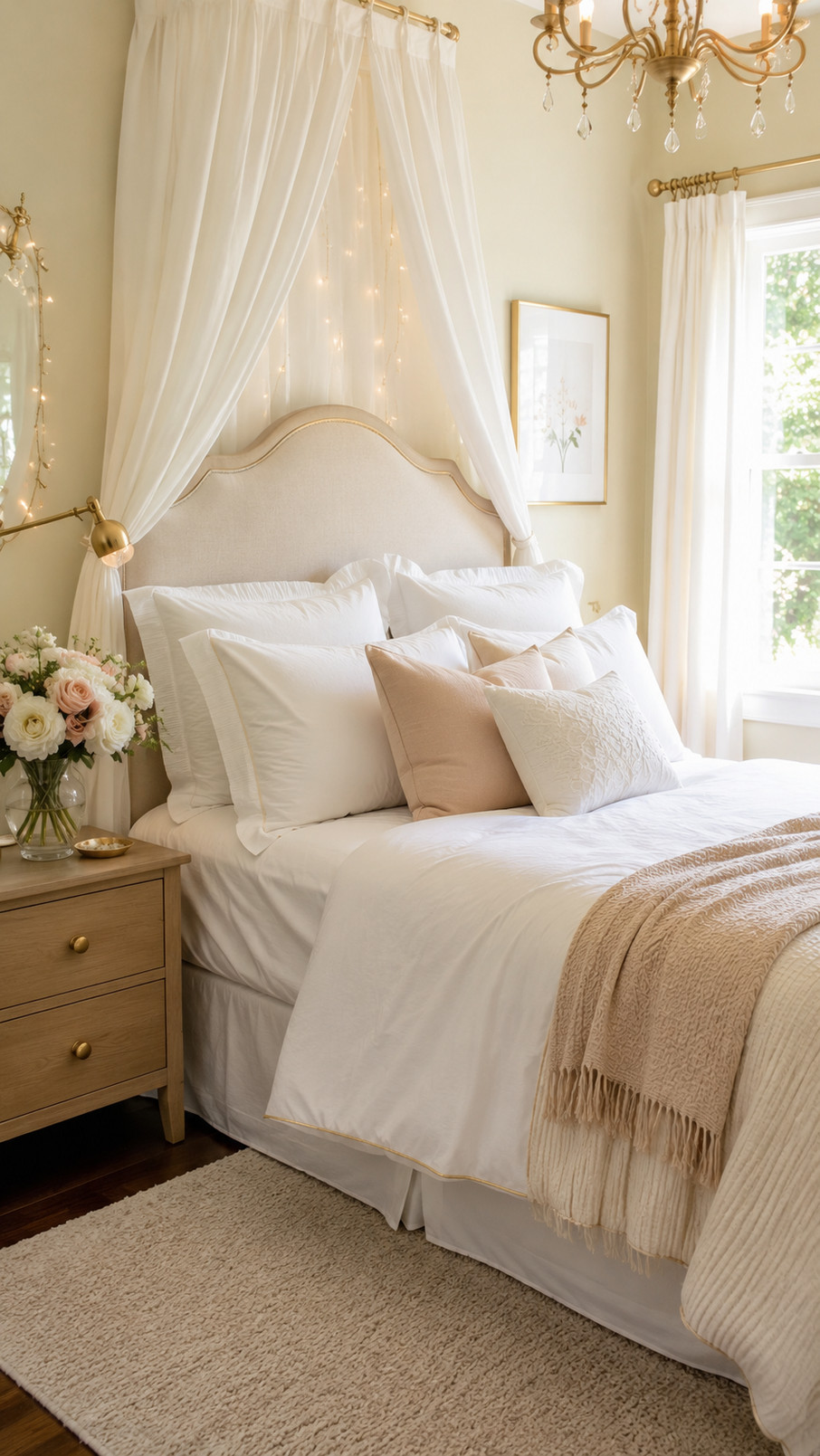 A gold starburst mirror hangs above a white dresser in an elegant girl's gold and white bedroom.