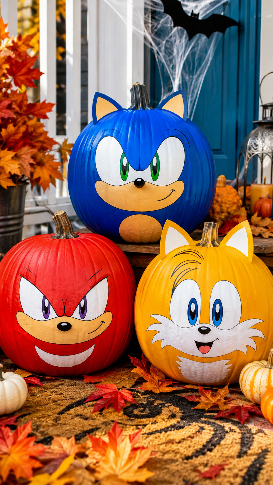 Photo of a blue Sonic painted pumpkin decorated with golden rings and a cheerful racing pose for Halloween.