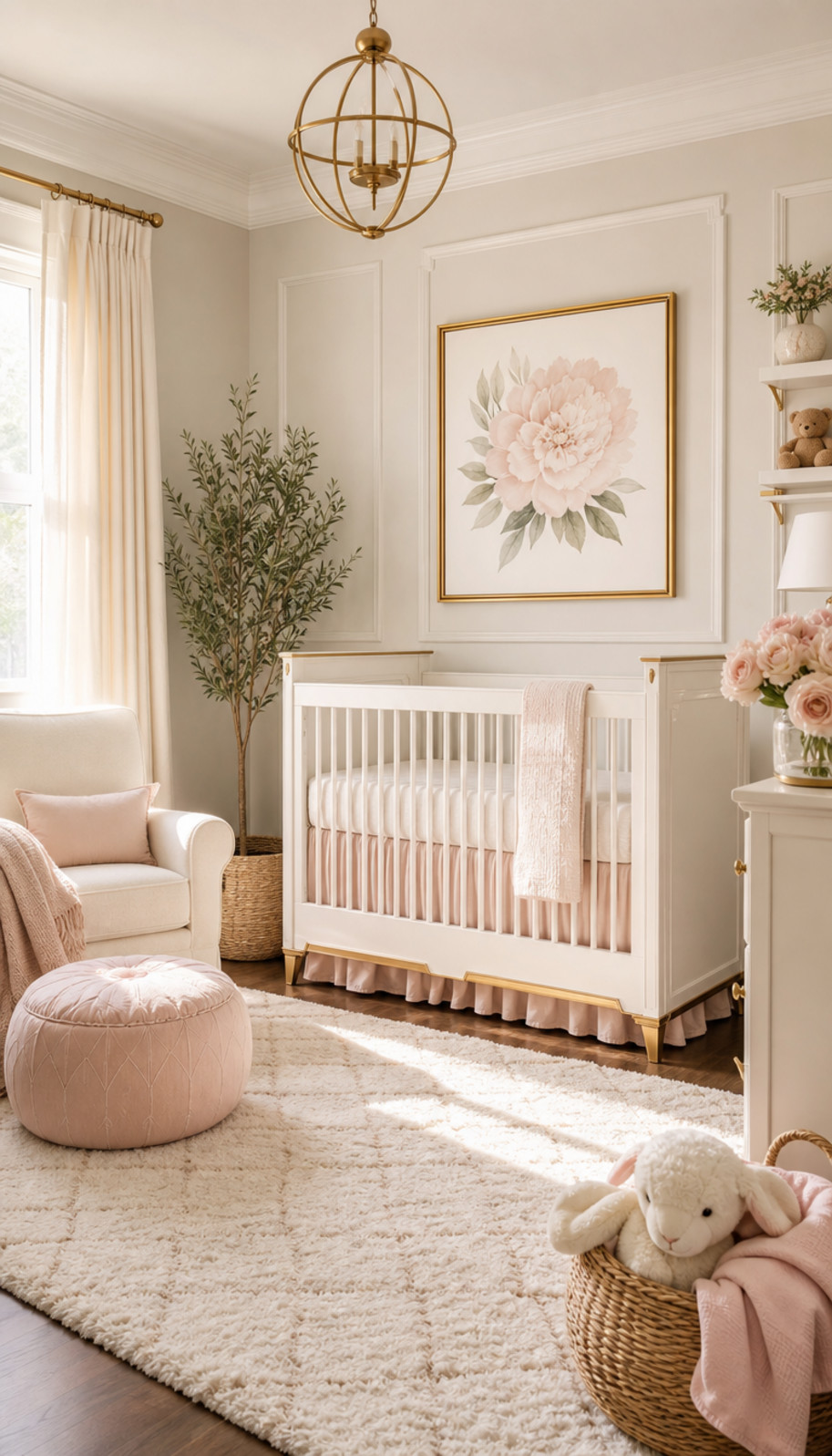 A golden star mobile hangs above a nursery crib, surrounded by soft white bedding and elegant gold decor.