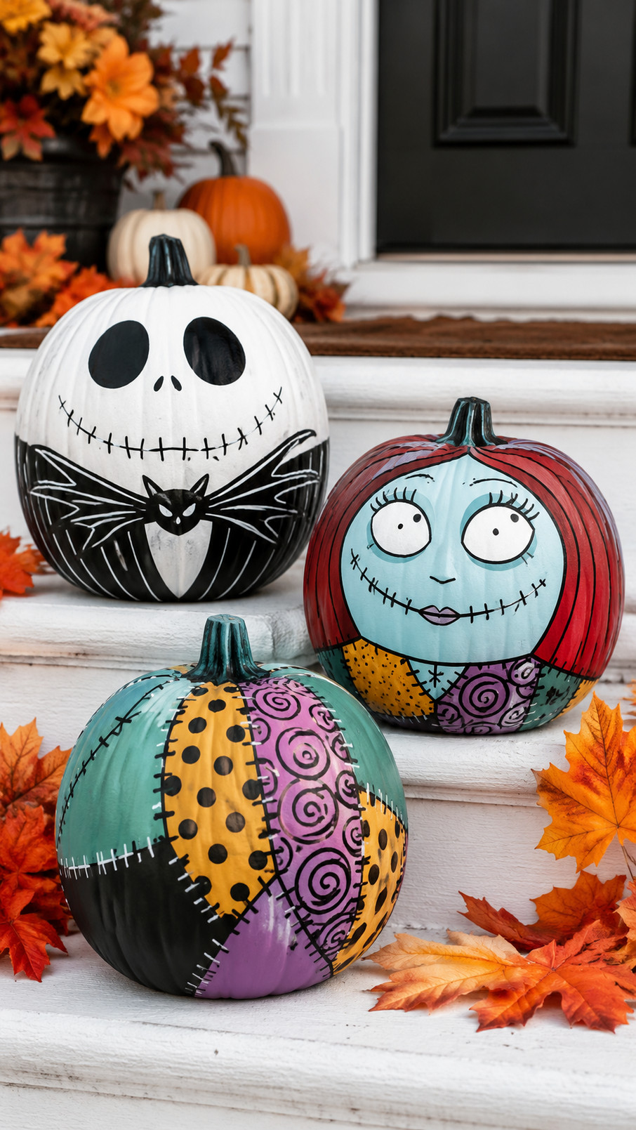 Painted Jack and Sally pumpkin featuring charcoal shadows, crimson accents, expressive faces, and a gothic Halloween Town-inspired design.