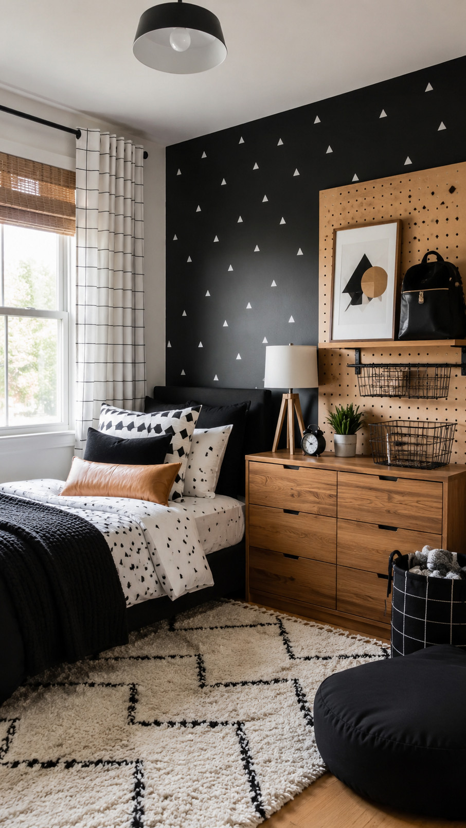 Black and white gallery wall with framed graphic prints above a boy's bedroom bed.