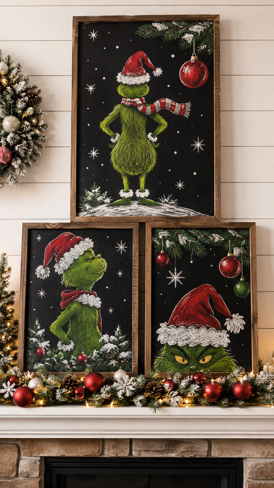 Chalkboard art showing the Grinch peeking over a colorful pile of Christmas presents with ribbons, stars, and festive red and green accents.