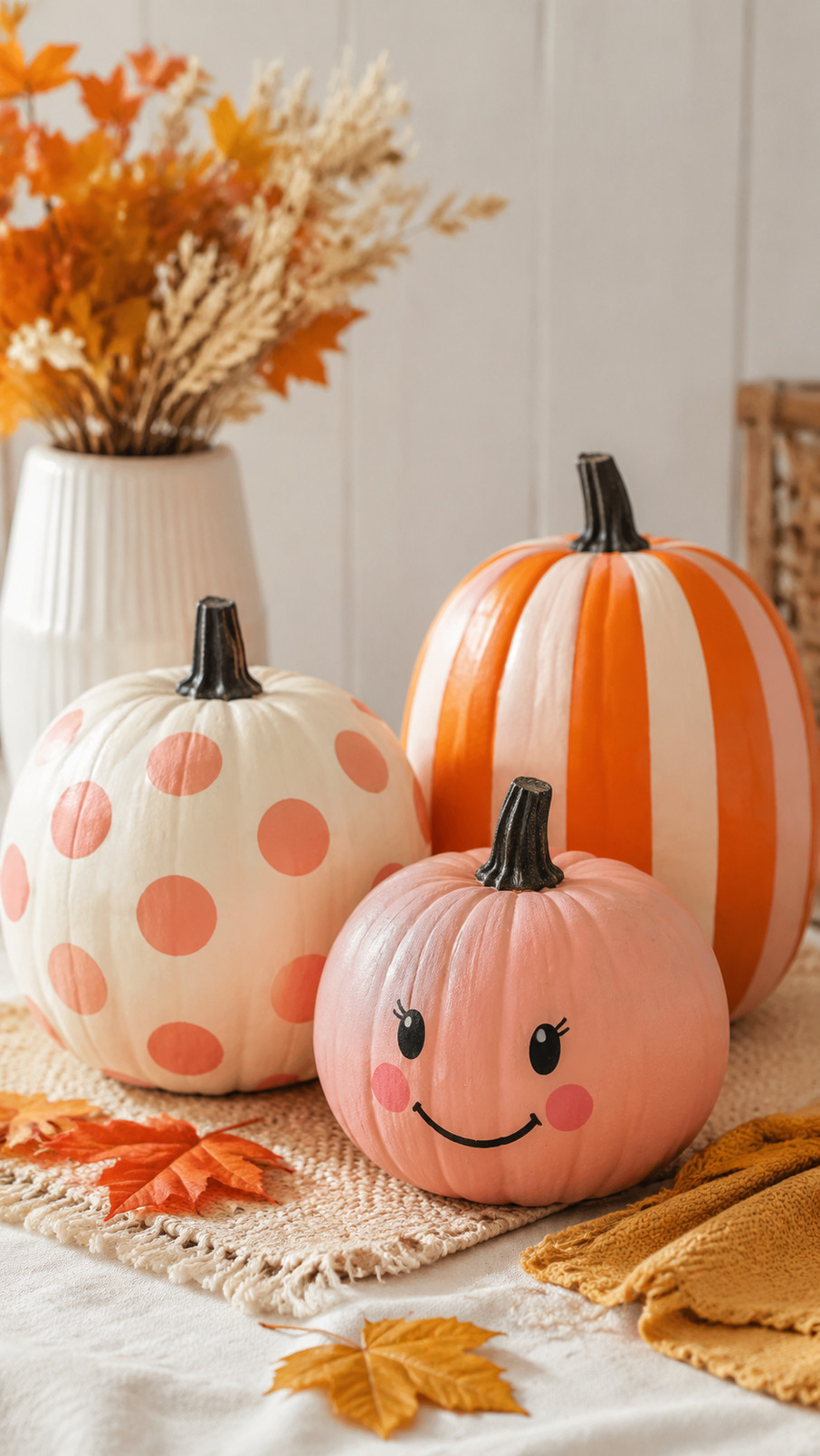Painted pumpkin featuring a terracotta and creamy ivory checkerboard pattern displayed as autumn décor.