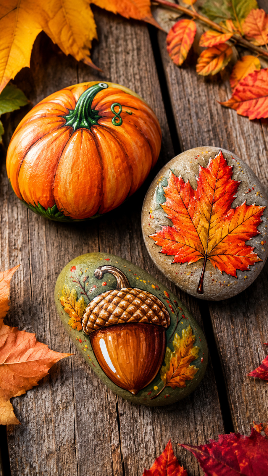 A painted harvest gnome rock with a bright orange hat, rosy cheeks, earthy beard, colorful leaves, and tiny pumpkins.