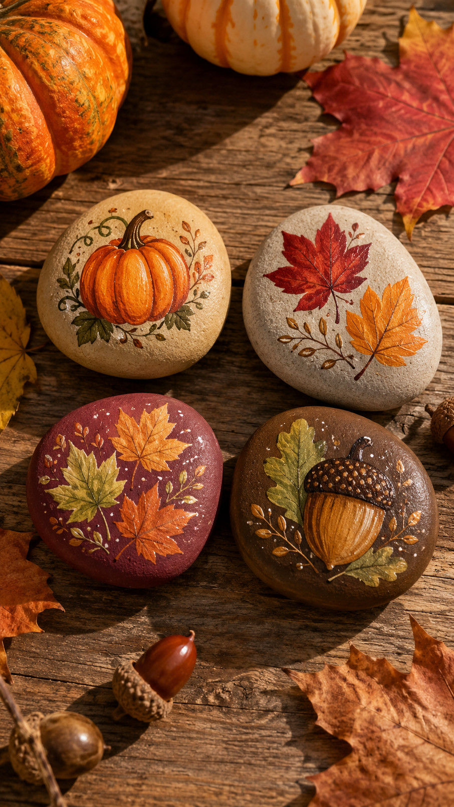 A painted autumn hedgehog rock with russet leaves, warm brown fur, coppery orange accents, and golden details.