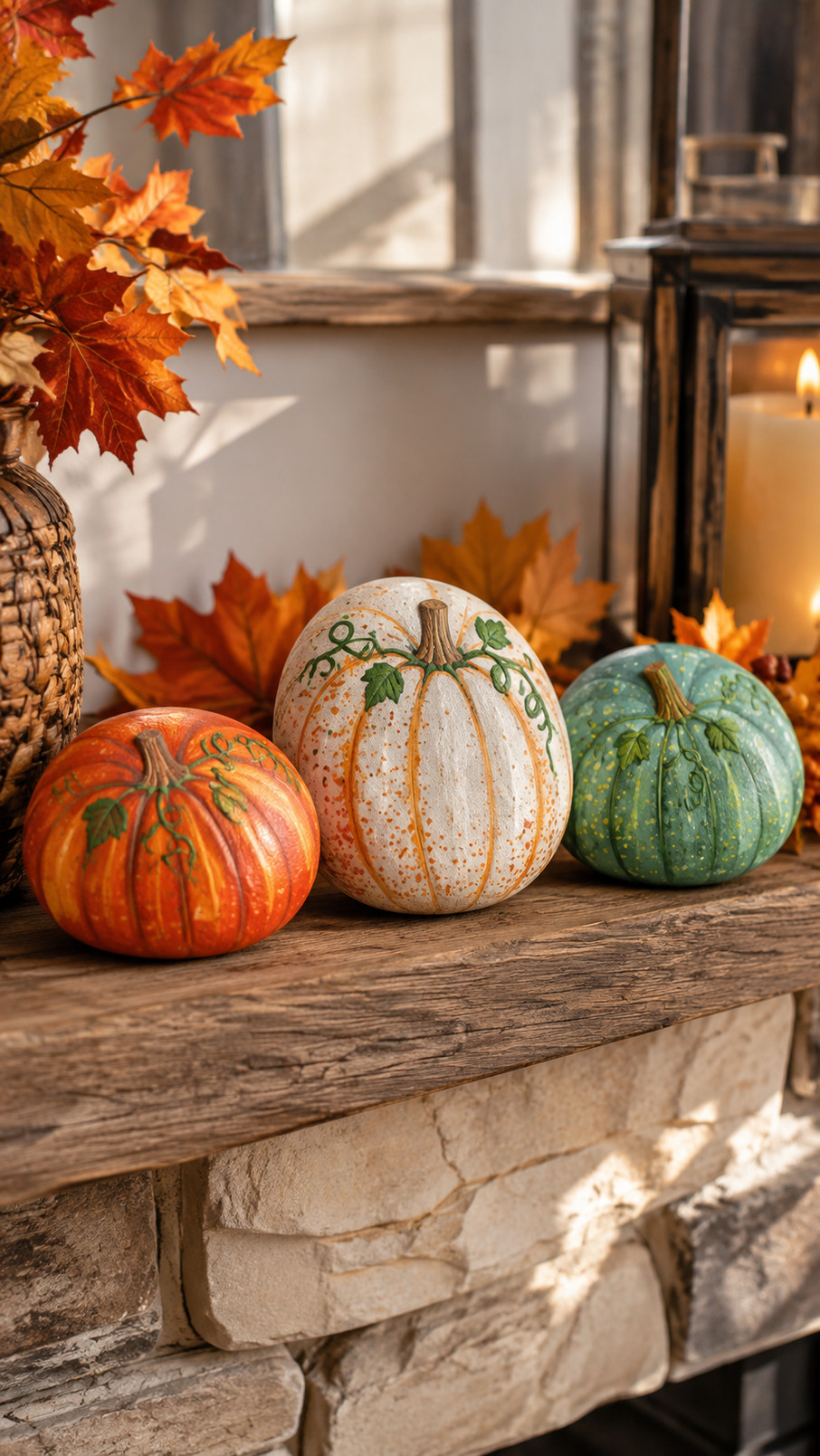 Painted pumpkin rock with an orange pumpkin, dusky blue background, golden stars, and a curling green vine for autumn decor.