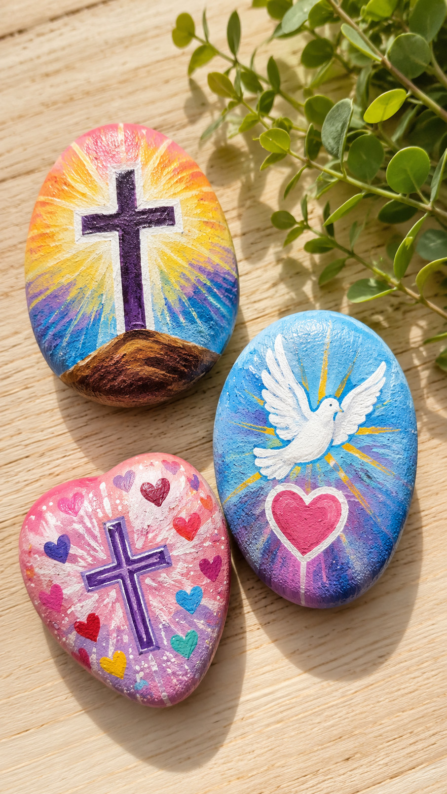 A cream-colored Christian painted rock features a shepherd silhouette, green hills, a dusty-blue sky, and a golden sun.