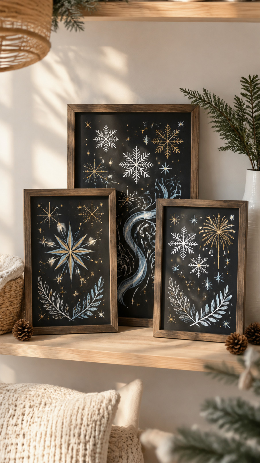 A January chalkboard calendar with icy blue lettering, white dates, and small snowflake decorations.