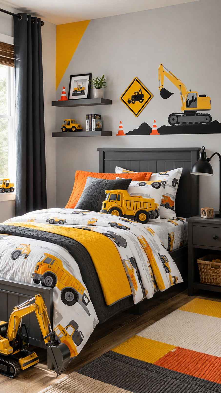 Industrial pipe shelves with dark metal brackets and wooden planks displaying toy construction trucks in a child’s construction-themed bedroom.