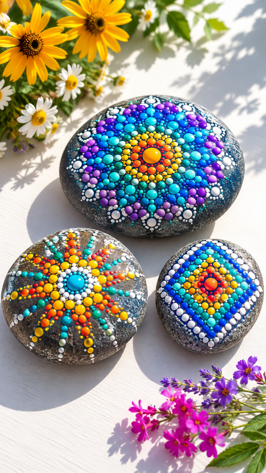 A smooth dark painted rock covered with sapphire, emerald, ruby, and golden dots arranged in a colorful mosaic pattern.