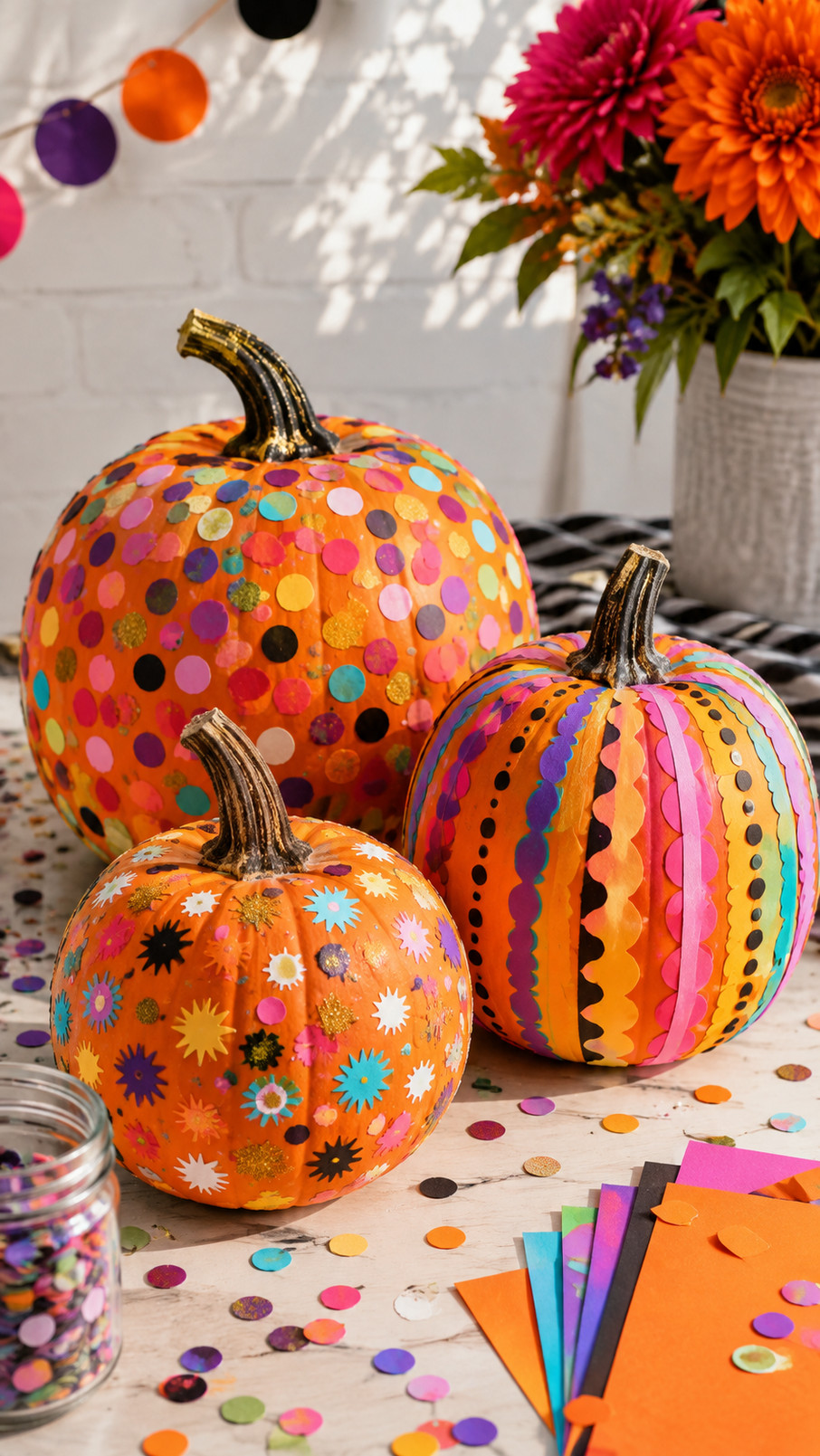 A creamy painted pumpkin covered in jewel-toned sapphire, emerald, ruby, and gold confetti dots for a festive Halloween display.