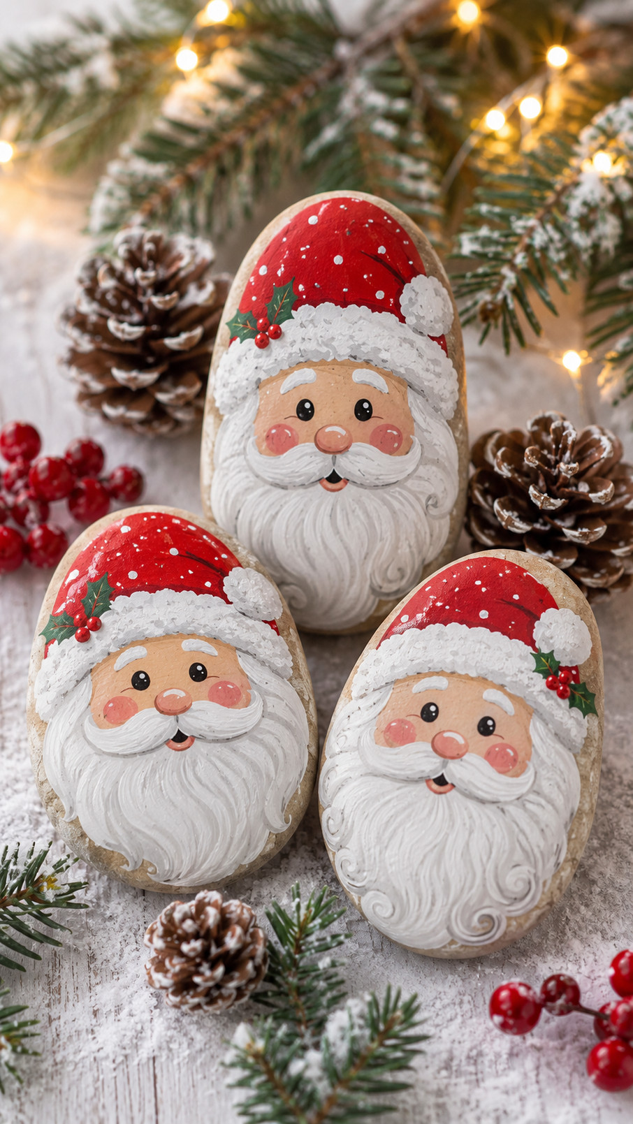 A Santa painted rock with a red coat, white trim, rosy cheeks, and a glowing golden lantern on a festive holiday background.
