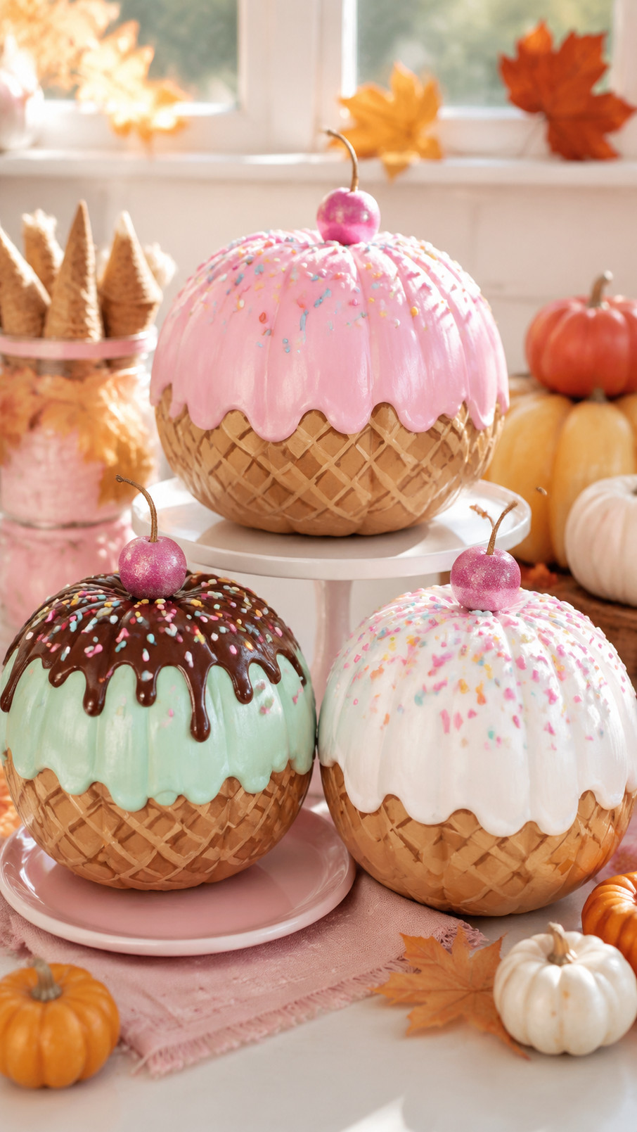A lavender-painted pumpkin with white ice cream swirls and silver sprinkles styled as a dreamy Halloween sundae decoration.
