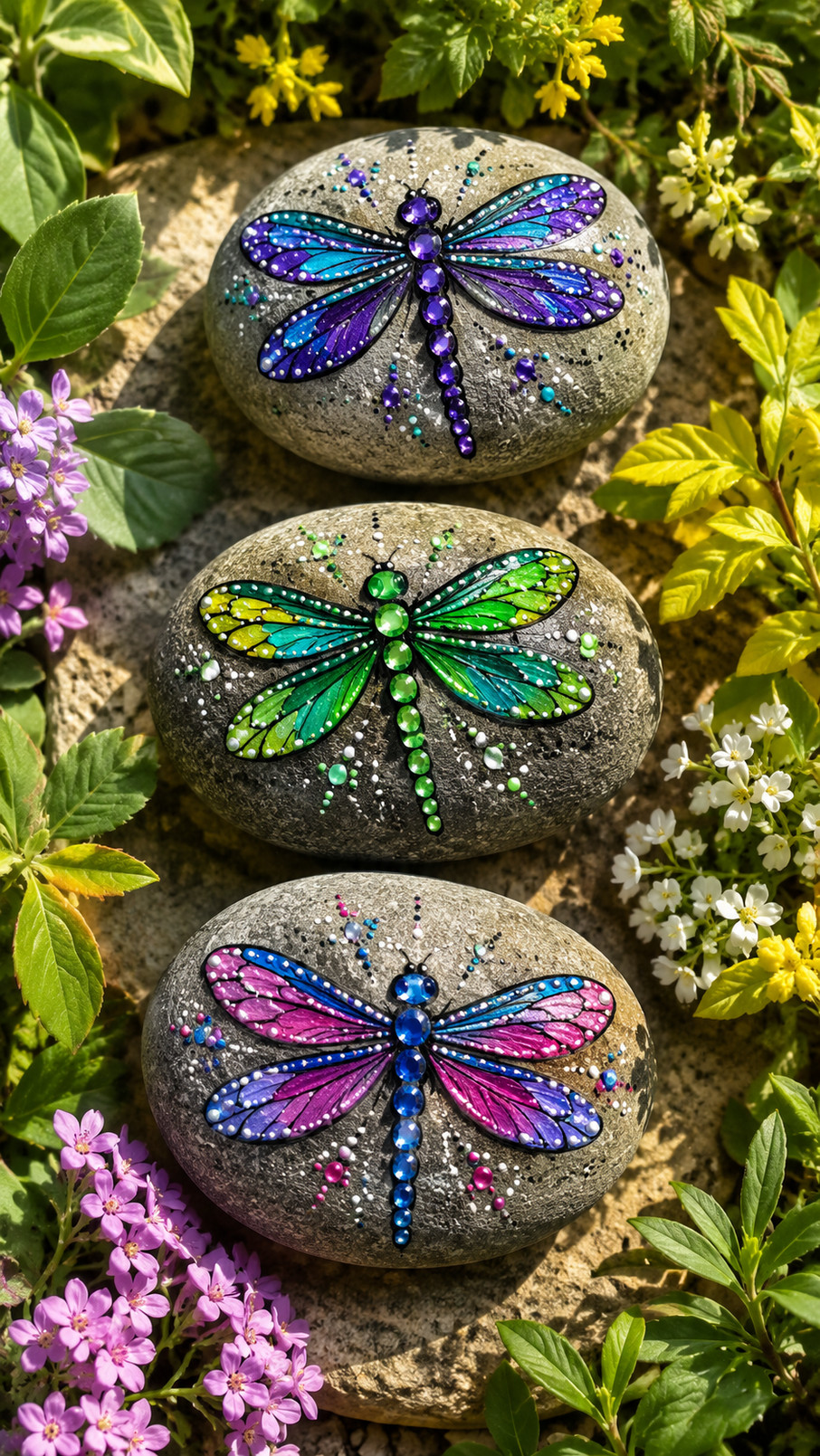 A lavender and silver dragonfly painted rock with dotted wings resting among green garden plants.