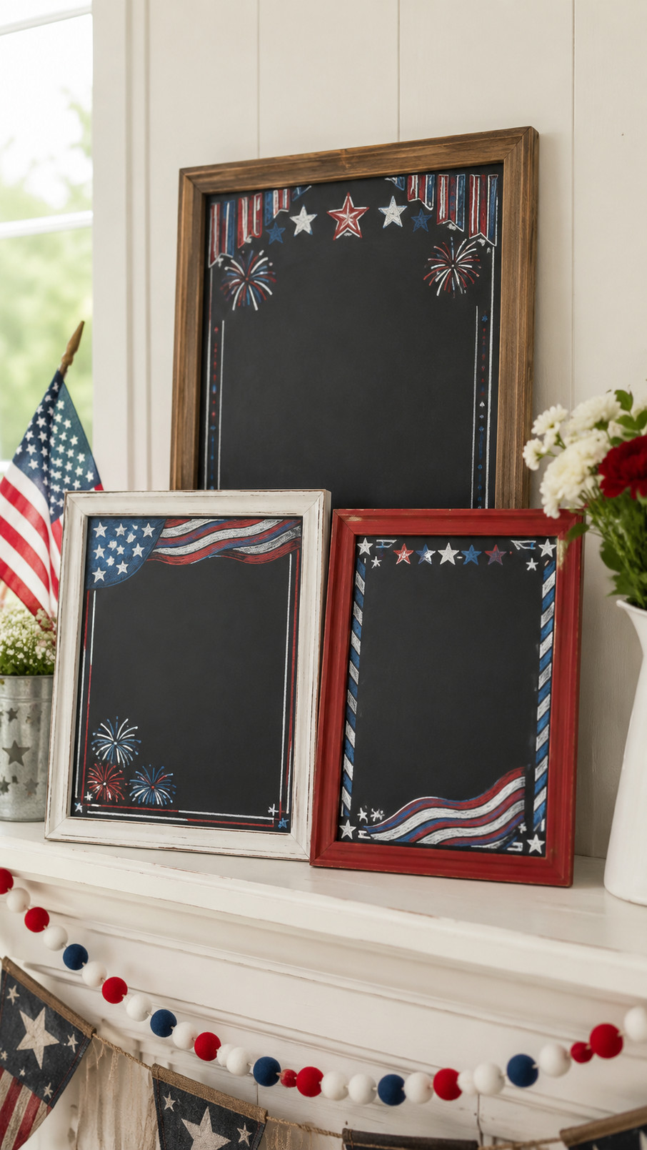 A patriotic chalkboard featuring a hand-drawn liberty lantern with stars and red, white, and blue accents.