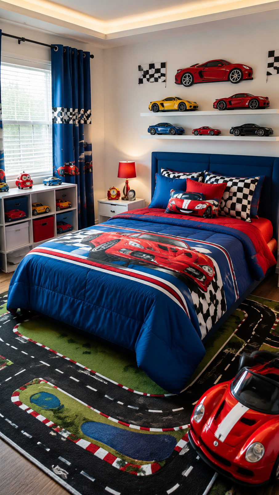 Colorful license plate wall art with bold letters and numbers displayed in a car-themed child's bedroom.