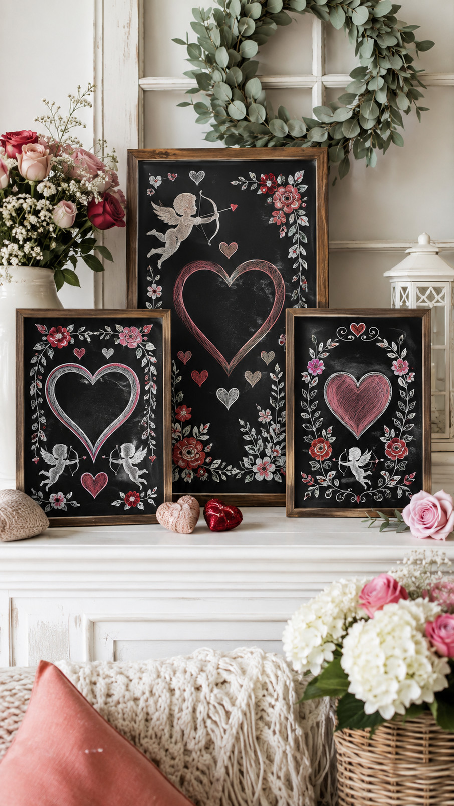 Valentine’s Day chalkboard art featuring two lovebirds perched on a flowering branch with pink hearts and decorative chalk flourishes.