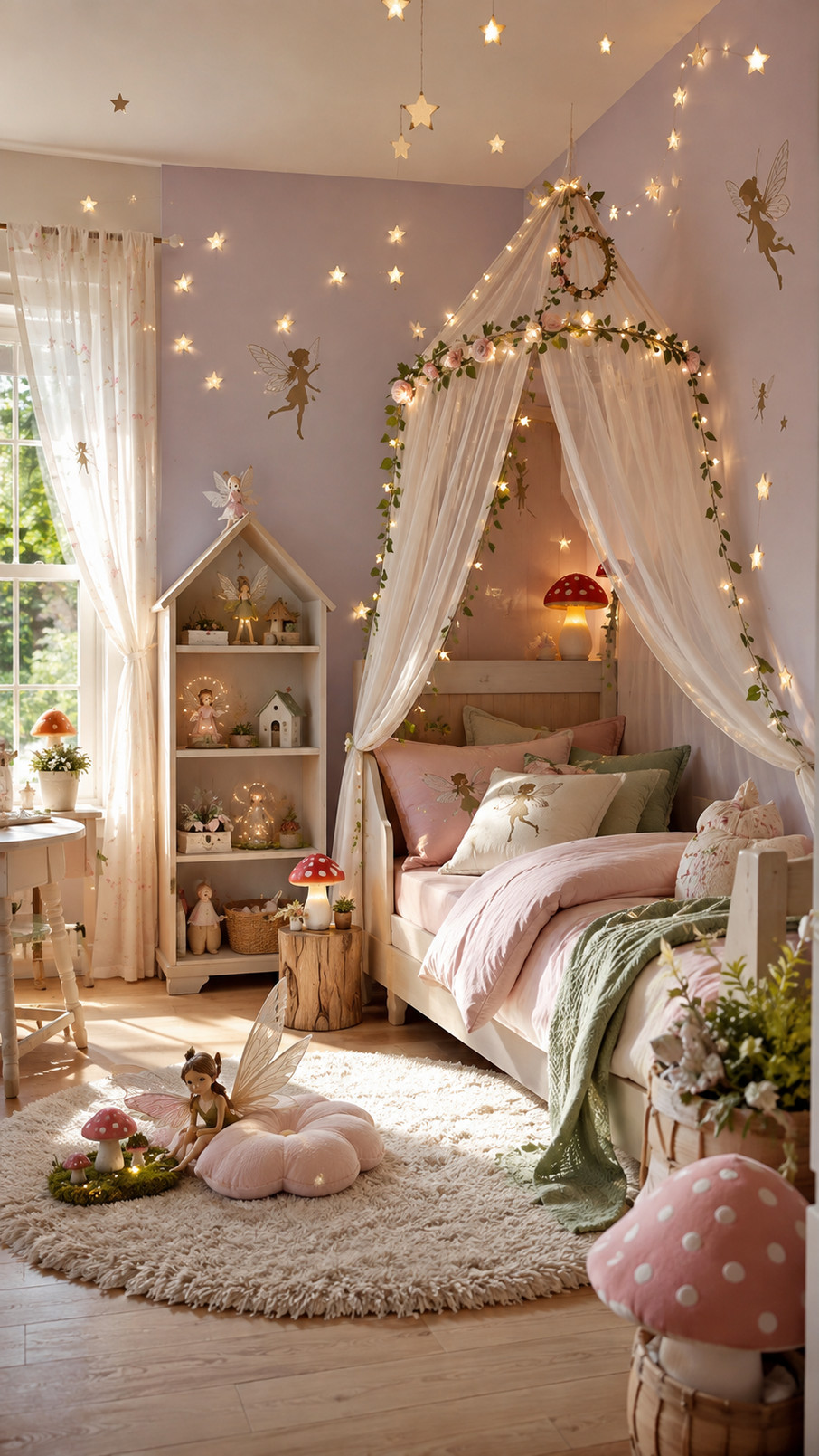 Pastel fairy rug with tiny fairies, flowers, and curling vines decorating a child's magical bedroom floor.