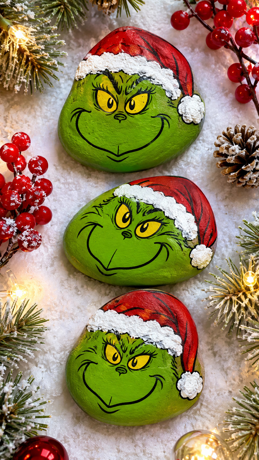 Grinch painted rock with a sly green face, red Santa hat, white trim, and tiny mistletoe sprig.