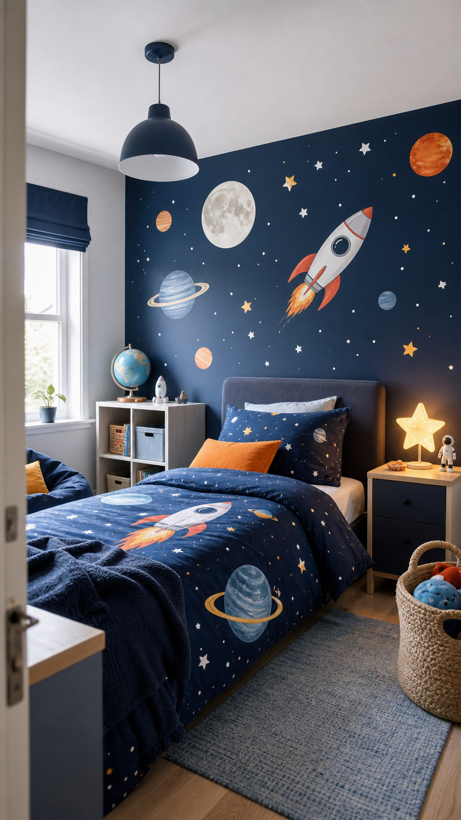 A silver moon phase garland hangs against a deep blue wall in a space-themed child’s bedroom.