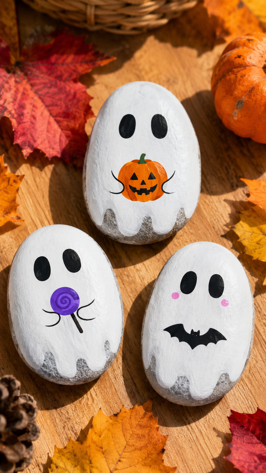 Moonlit ghost painted rocks featuring white ghosts, rosy cheeks, and starry navy, lavender, and charcoal Halloween backgrounds.
