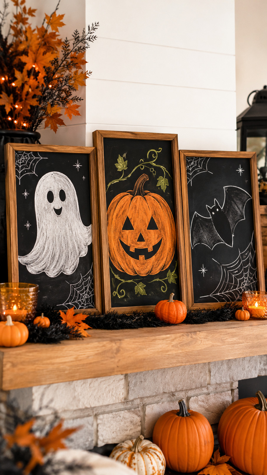 Photo of spooky Halloween chalkboard art featuring crooked orange pumpkins with glowing faces, curling vines, scattered stars, and a moonlit background.