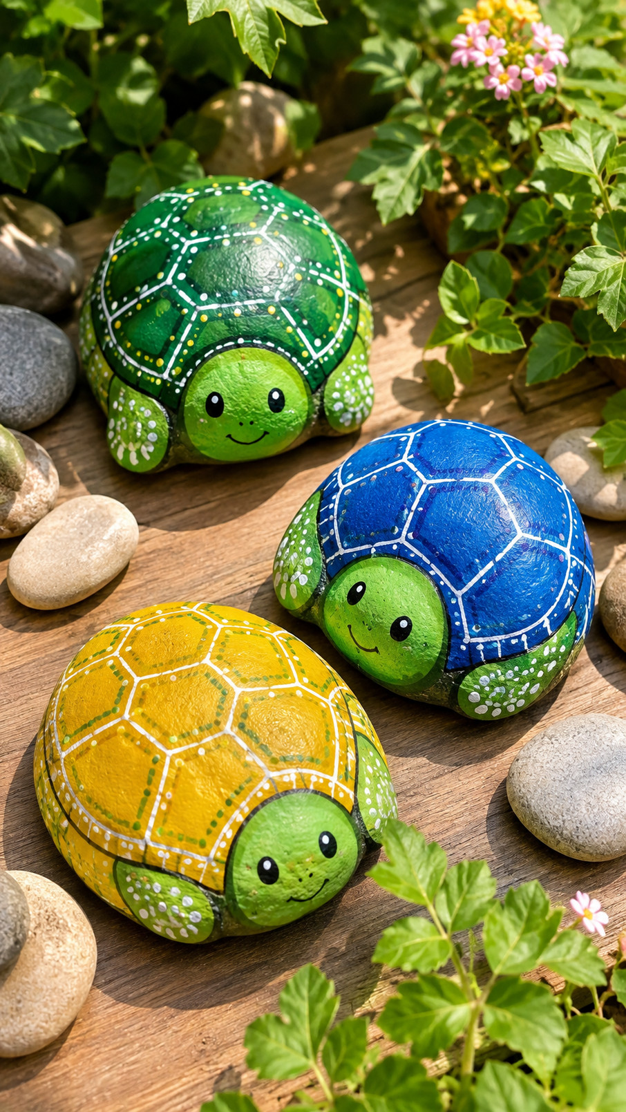 A turtle painted rock with a midnight-blue shell, soft green flippers, lavender flowers, curling vines, and silvery highlights.