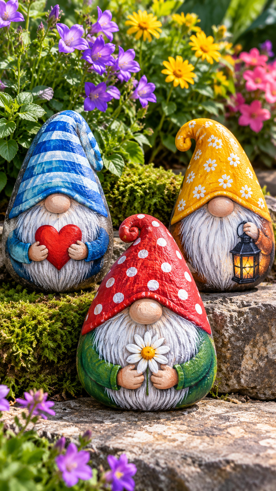 A painted garden rock featuring a cheerful mushroom gnome with a red spotted cap, white beard, mossy greens, and woodland-inspired details.