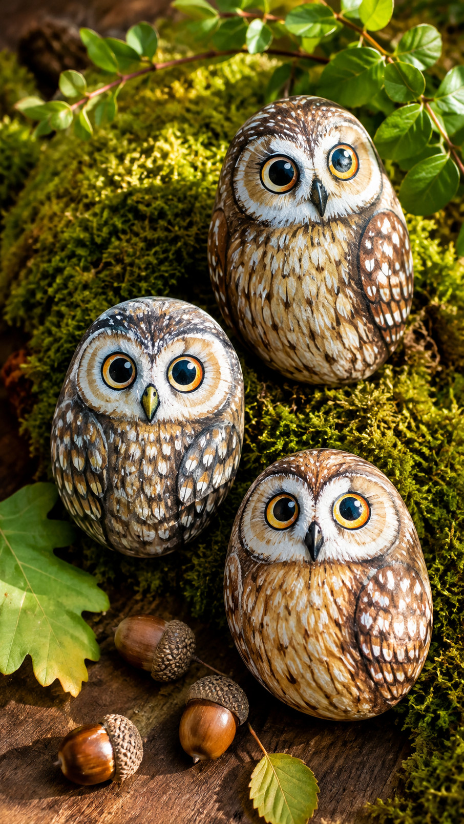 Photo of a mushroom grove owl painted rock with an owl surrounded by colorful mushrooms, mossy leaves, and woodland details.