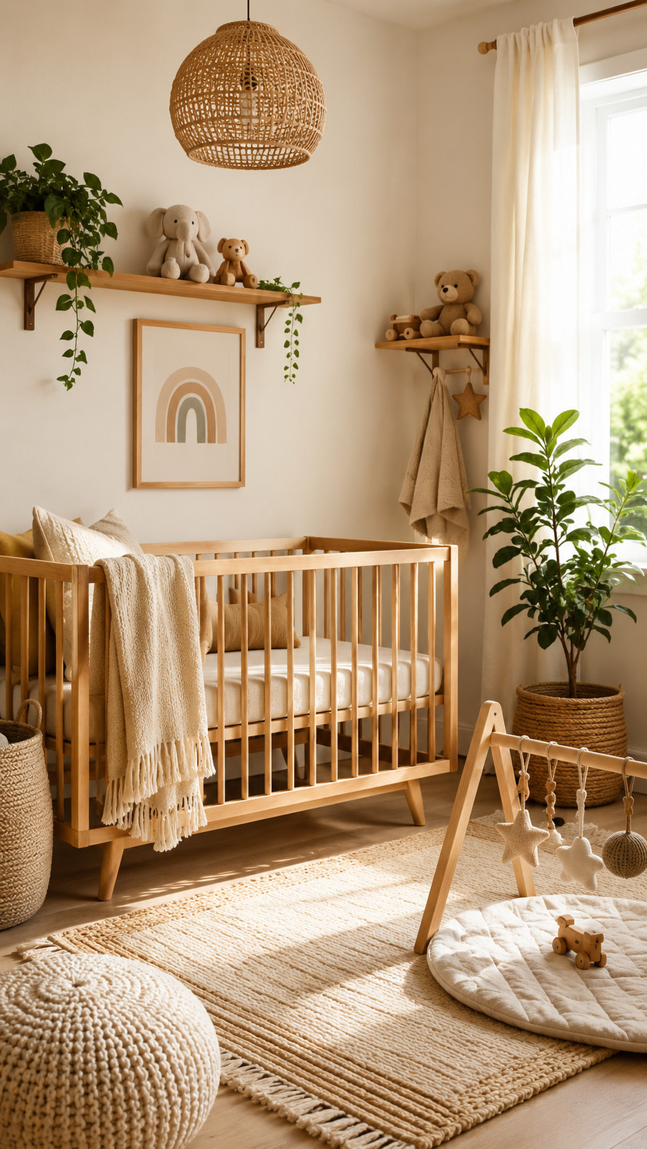 A natural wood mobile with simple geometric shapes hangs above a minimalist crib in a cozy gender-neutral nursery.