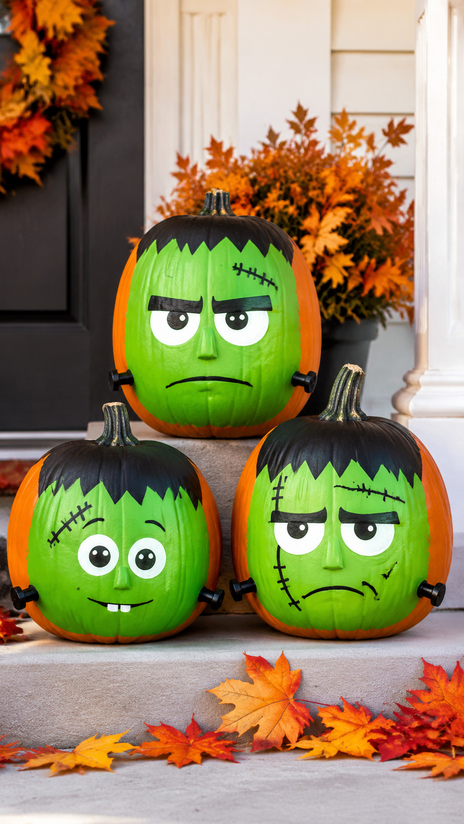 Painted Frankenstein pumpkin with electric-green skin, purple shadows, yellow neck bolts, a crooked smile, and rosy cheeks.