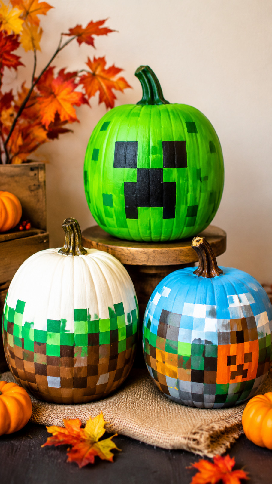 A painted pumpkin decorated like a Minecraft Nether portal with purple, black, and violet swirling bands.