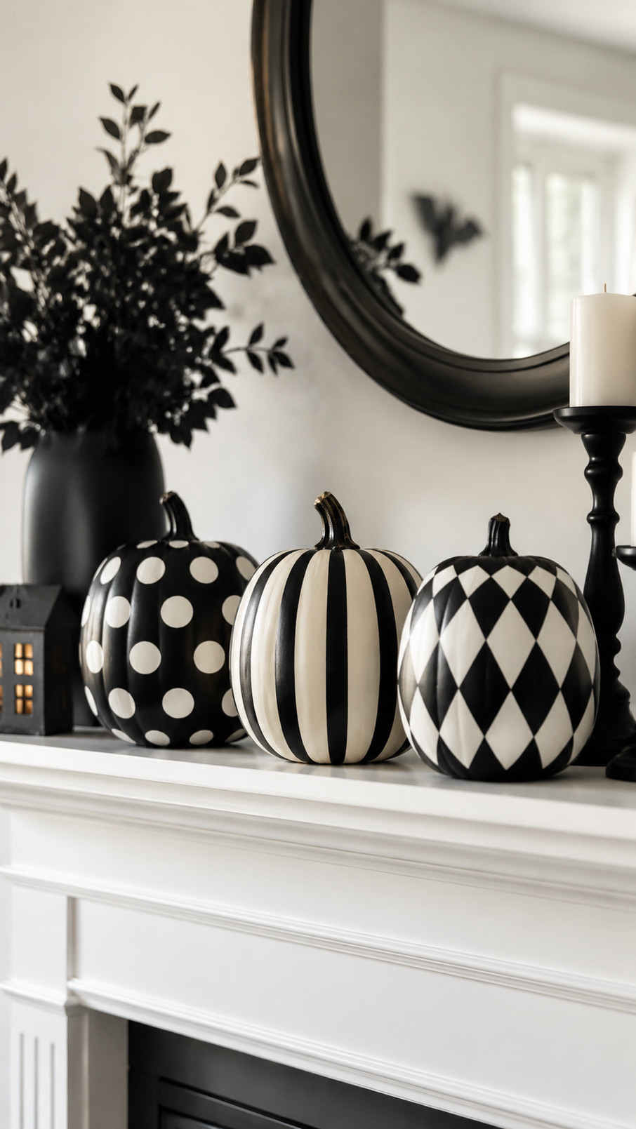Black and white painted pumpkins decorated with black owl silhouettes for stylish Halloween décor.
