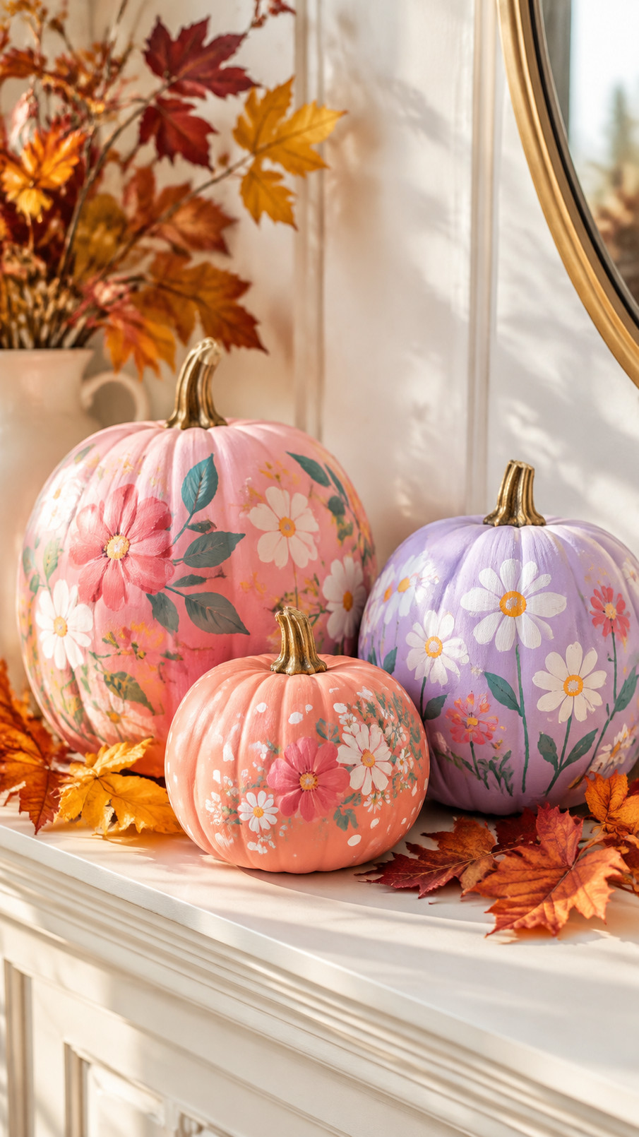 Blush pink painted pumpkin decorated with pastel bow designs for cute and colorful girly fall decor.