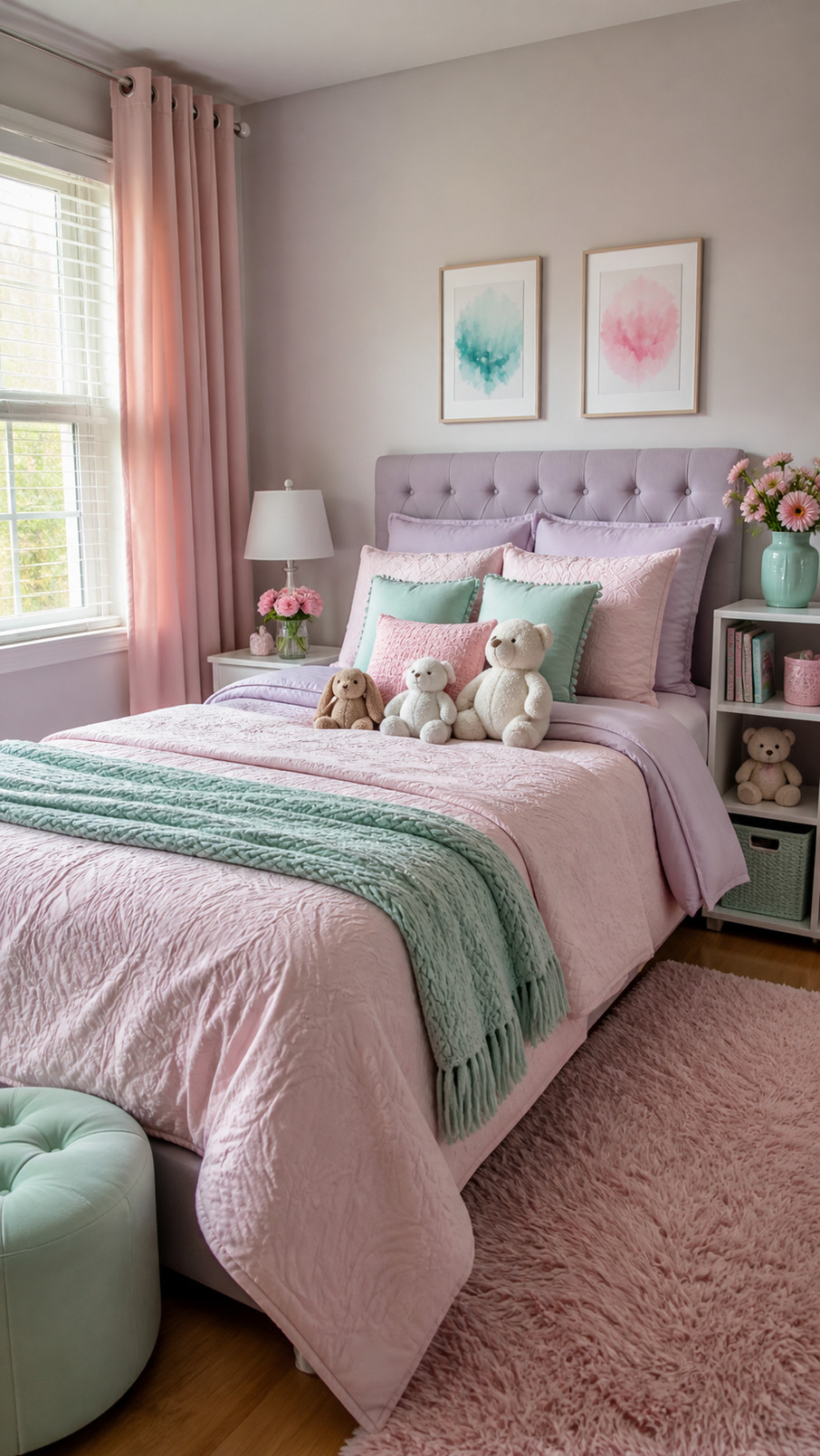 A pastel rainbow mobile with soft peach, lavender, mint, and blue shapes hangs above a girl's bedroom bed.