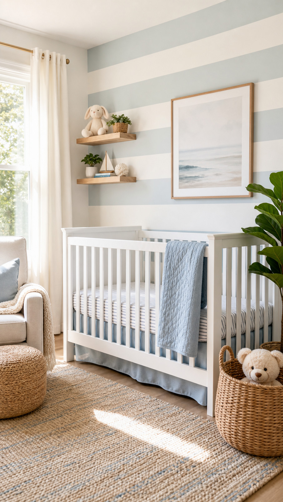 Pastel striped nursery mobile with mint, peach, and cream hanging shapes above a baby's crib.