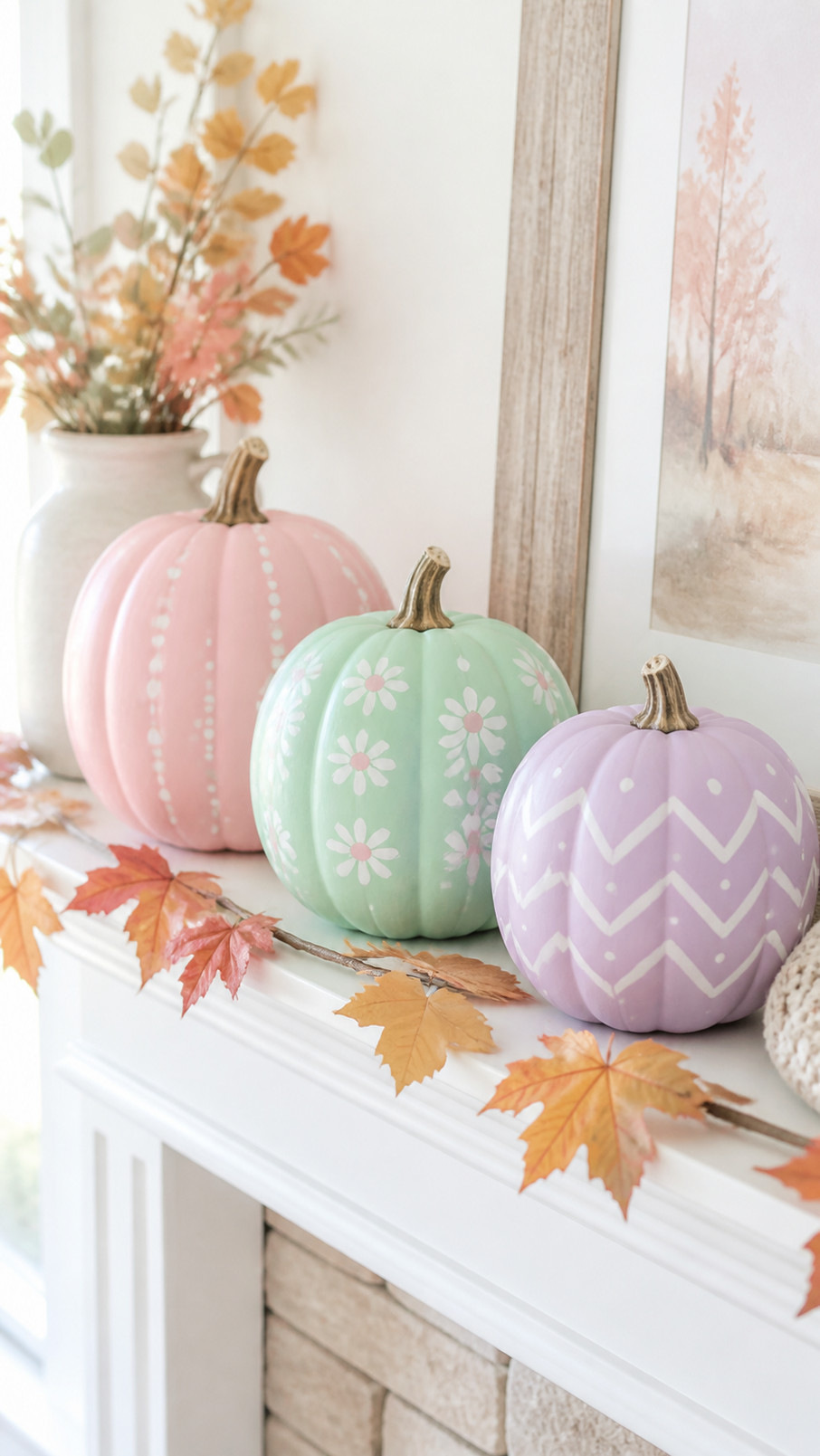 A photo of pastel painted pumpkins with peach, cream, and coral checkerboard patterns styled as cute fall decor.