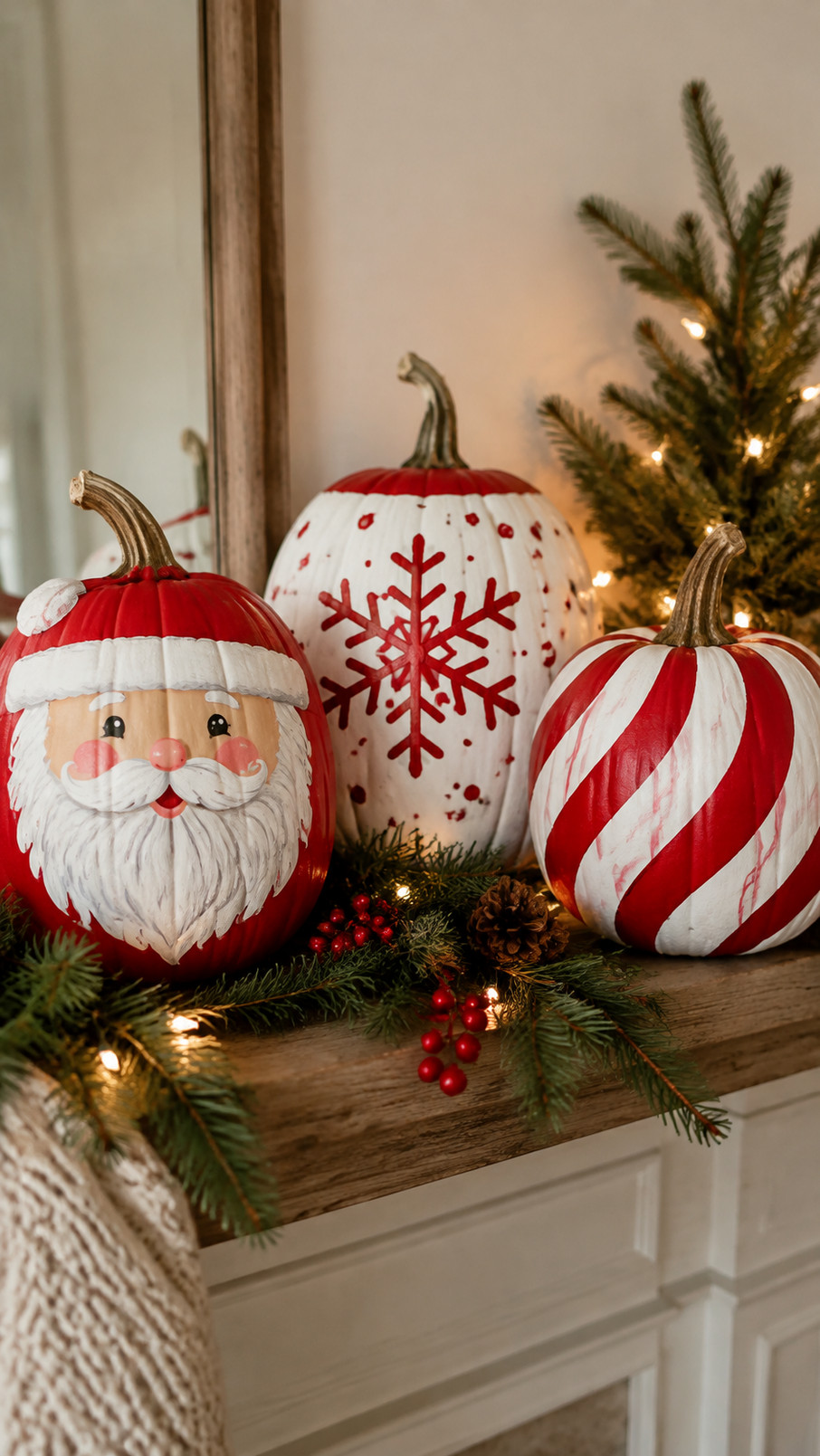 Painted Christmas pumpkins decorated with red and white peppermint swirl designs in a cheerful holiday display.