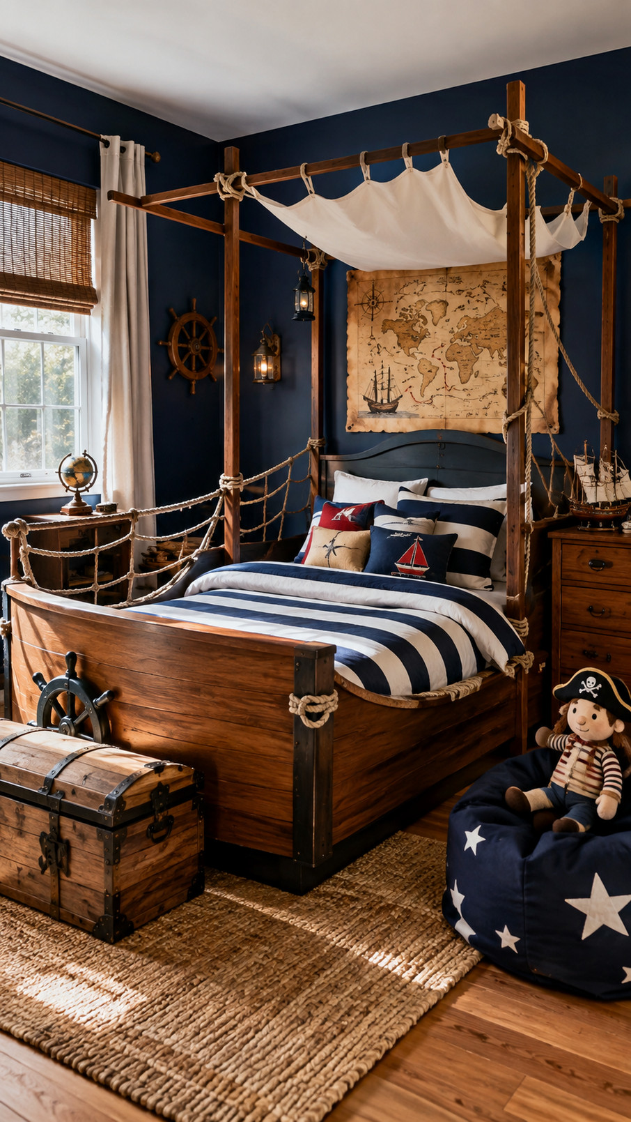 A pirate flag canopy in black, red, and white hangs above a child’s bed in a pirate-themed bedroom.