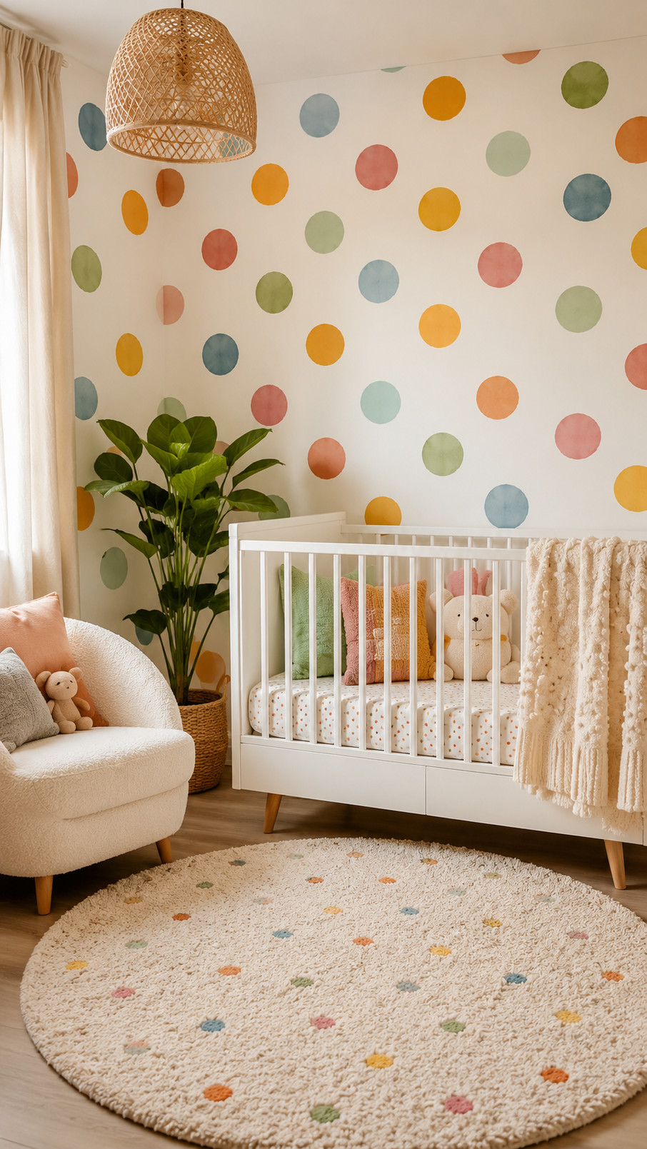 A polka dot nursery mobile with colorful spotted decorations hangs above a baby's crib in a cheerful nursery.